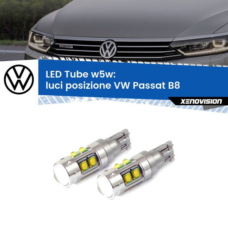 <strong>Luci posizione LED 6000k per VW Passat</strong> B8 2014-2017. Lampadine <strong>W5W</strong> canbus modello Tube, luce bianco lunare, lunga durata e compatibilità.