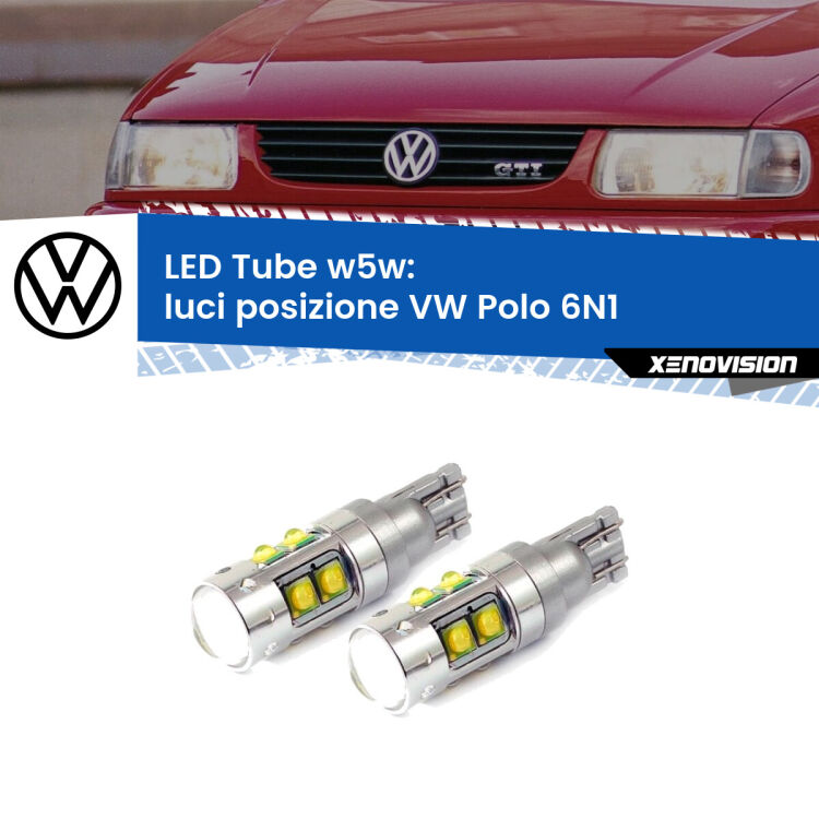 <strong>Luci posizione LED 6000k per VW Polo</strong> 6N1 Versione 2. Lampadine <strong>W5W</strong> canbus modello Tube, luce bianco lunare, lunga durata e compatibilità.