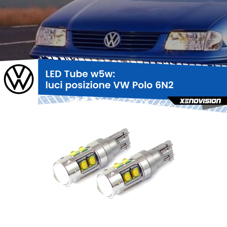 <strong>Luci posizione LED 6000k per VW Polo</strong> 6N2 1999-2001. Lampadine <strong>W5W</strong> canbus modello Tube, luce bianco lunare, lunga durata e compatibilità.