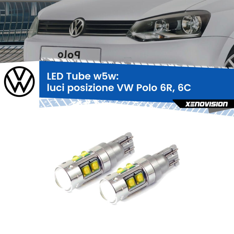 <strong>Luci posizione LED 6000k per VW Polo</strong> 6R, 6C 2009-2016. Lampadine <strong>W5W</strong> canbus modello Tube, luce bianco lunare, lunga durata e compatibilità.