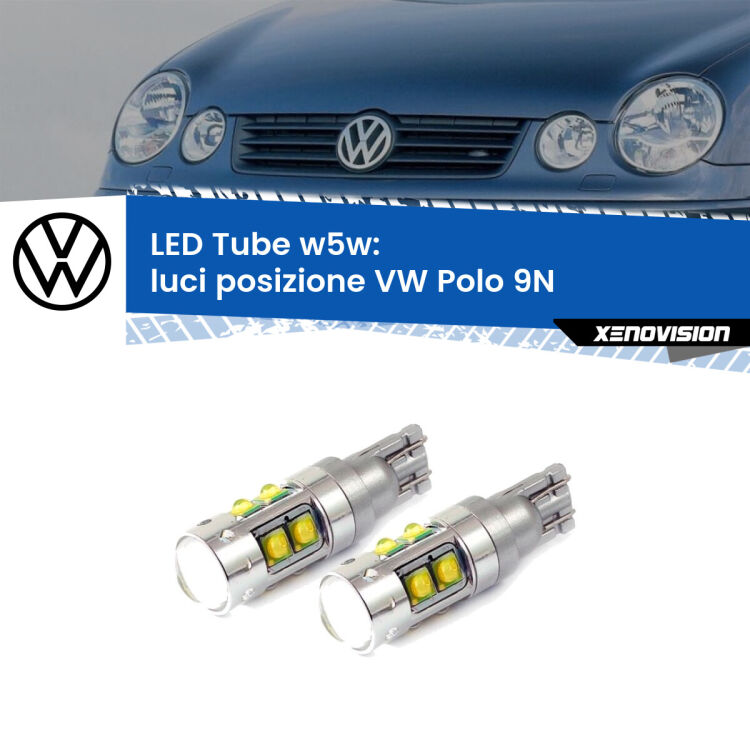 <strong>Luci posizione LED 6000k per VW Polo</strong> 9N Versione 1. Lampadine <strong>W5W</strong> canbus modello Tube, luce bianco lunare, lunga durata e compatibilità.