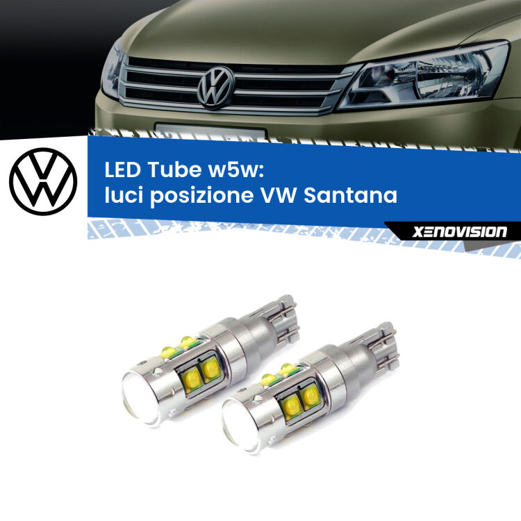 <strong>Luci posizione LED 6000k per VW Santana</strong>  1995-2012. Lampadine <strong>W5W</strong> canbus modello Tube, luce bianco lunare, lunga durata e compatibilità.