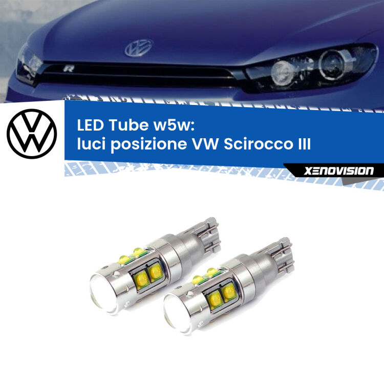 <strong>Luci posizione LED 6000k per VW Scirocco</strong> III 2008-2017. Lampadine <strong>W5W</strong> canbus modello Tube, luce bianco lunare, lunga durata e compatibilità.