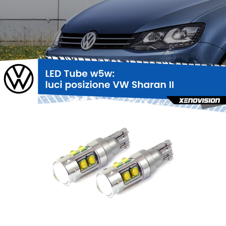 <strong>Luci posizione LED 6000k per VW Sharan</strong> II 2010-2019. Lampadine <strong>W5W</strong> canbus modello Tube, luce bianco lunare, lunga durata e compatibilità.