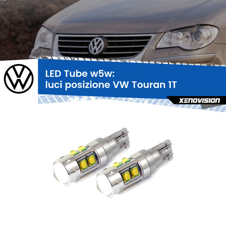 <strong>Luci posizione LED 6000k per VW Touran</strong> 1T 2003-2009. Lampadine <strong>W5W</strong> canbus modello Tube, luce bianco lunare, lunga durata e compatibilità.