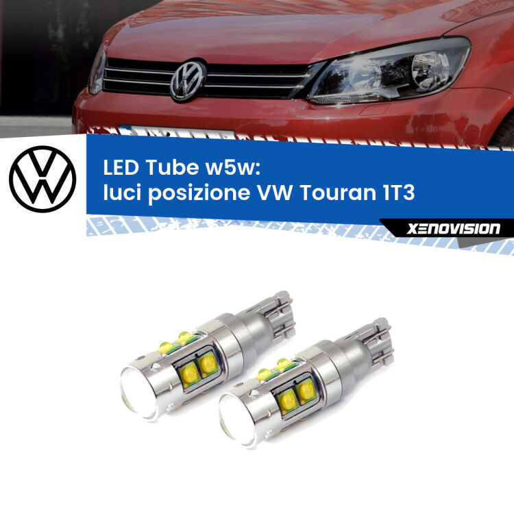 <strong>Luci posizione LED 6000k per VW Touran</strong> 1T3 2010-2015. Lampadine <strong>W5W</strong> canbus modello Tube, luce bianco lunare, lunga durata e compatibilità.