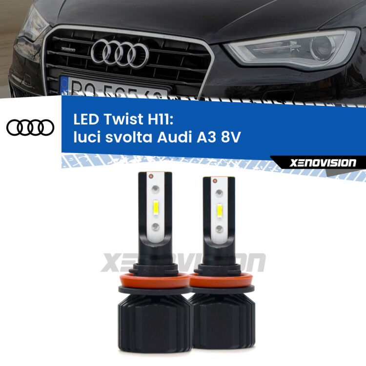 <strong>Kit luci svolta LED</strong> H11 per <strong>Audi A3</strong> 8V 2013 - 2020. Compatte, impermeabili, senza ventola: praticamente indistruttibili. Top Quality.