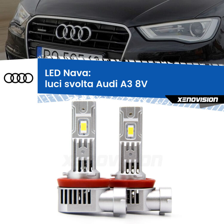 <strong>Luci svolta LED no-spie per Audi A3</strong> 8V 2013 - 2020. Coppia lampade <strong>H11</strong>/H9/H8/H16(JP) modello Nava canbus, raffreddate a ventola.