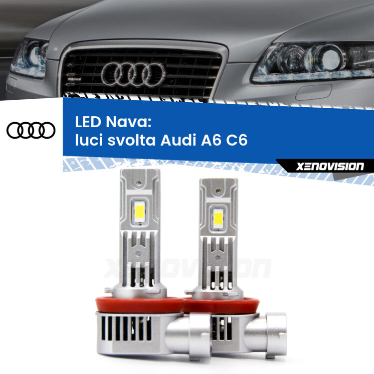 <strong>Luci svolta LED no-spie per Audi A6</strong> C6 2004 - 2011. Coppia lampade <strong>H11</strong>/H9/H8/H16(JP) modello Nava canbus, raffreddate a ventola.