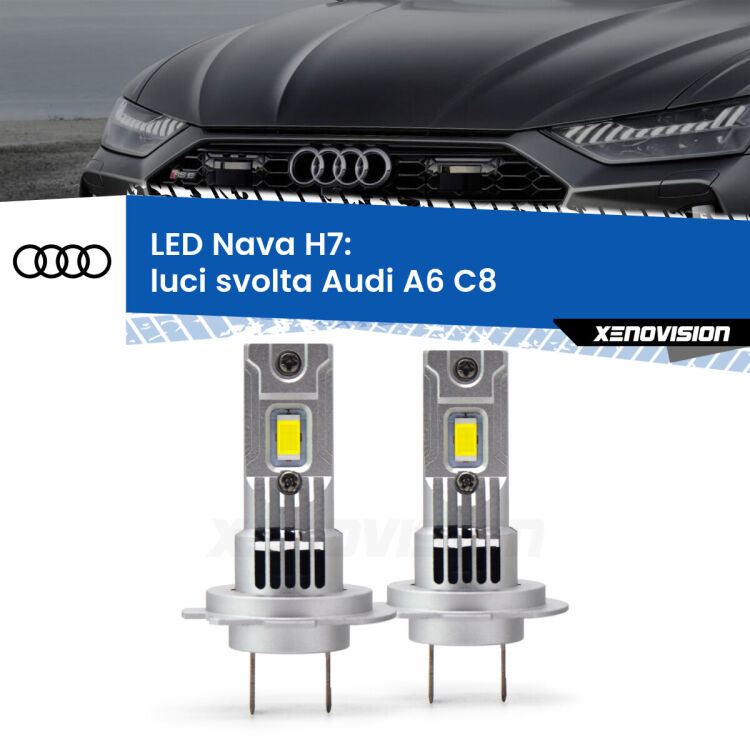 <strong>Luci svolta LED no-spie per Audi A6</strong> C8 2018 in poi. Coppia lampade <strong>H7</strong> modello Nava canbus, raffreddate a ventola.