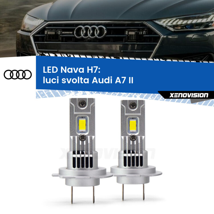 <strong>Luci svolta LED no-spie per Audi A7</strong> II 2019 in poi. Coppia lampade <strong>H7</strong> modello Nava canbus, raffreddate a ventola.