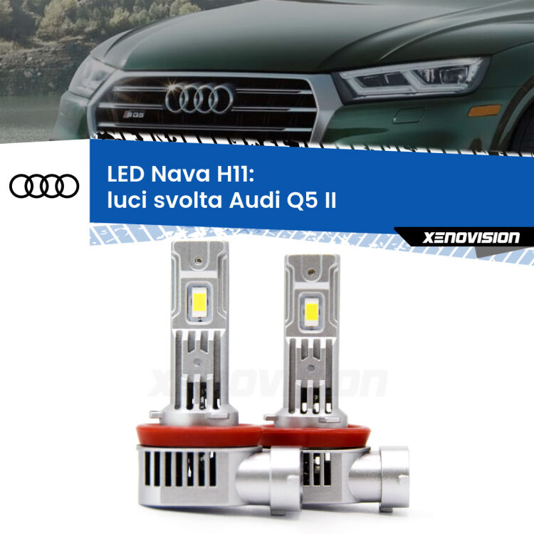 <strong>Luci svolta LED no-spie per Audi Q5</strong> II 2018 in poi. Coppia lampade <strong>H11</strong> modello Nava canbus, raffreddate a ventola.