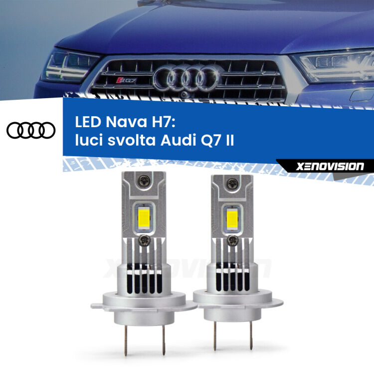 <strong>Luci svolta LED no-spie per Audi Q7</strong> II 2015 in poi. Coppia lampade <strong>H7</strong> modello Nava canbus, raffreddate a ventola.