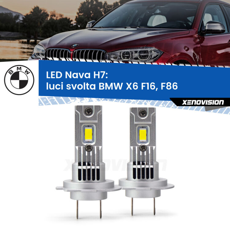 <strong>Luci svolta LED no-spie per BMW X6</strong> F16, F86 2015 - 2019. Coppia lampade <strong>H7</strong> modello Nava canbus, raffreddate a ventola.