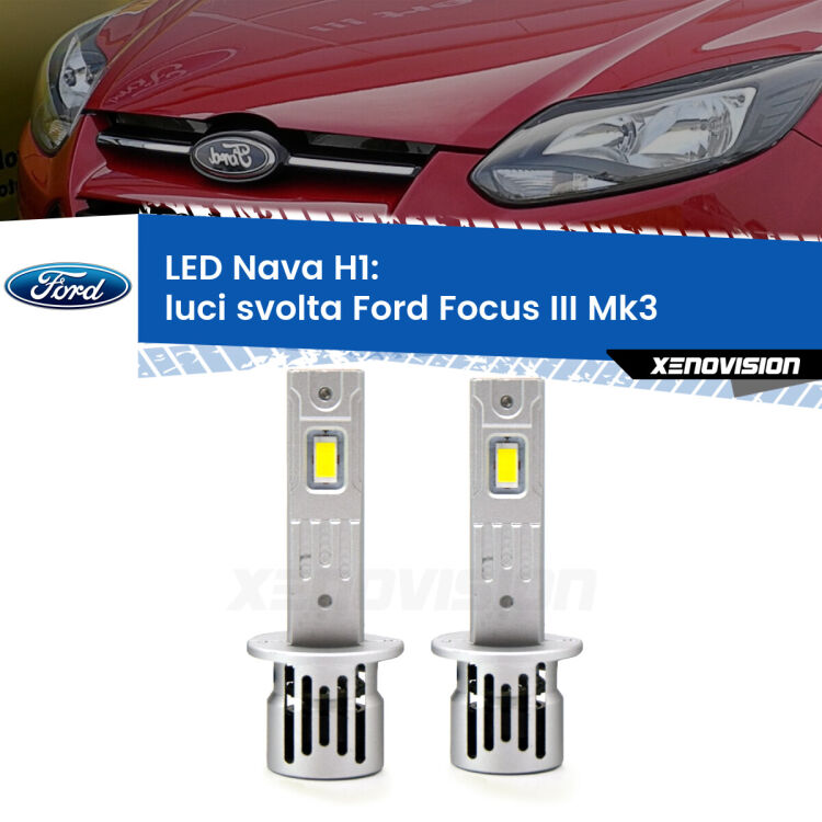 <strong>Luci svolta LED no-spie per Ford Focus III</strong> Mk3 2011 - 2017. Coppia lampade <strong> H1</strong> modello Nava canbus, raffreddate a ventola.