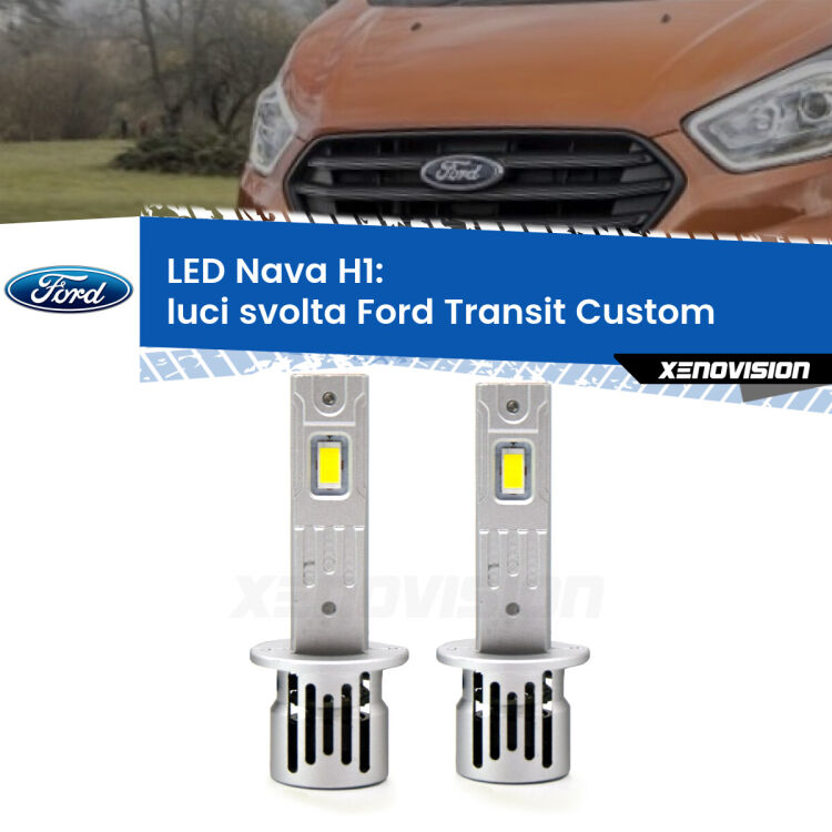 <strong>Luci svolta LED no-spie per Ford Transit Custom</strong>  2012 - 2022. Coppia lampade <strong> H1</strong> modello Nava canbus, raffreddate a ventola.