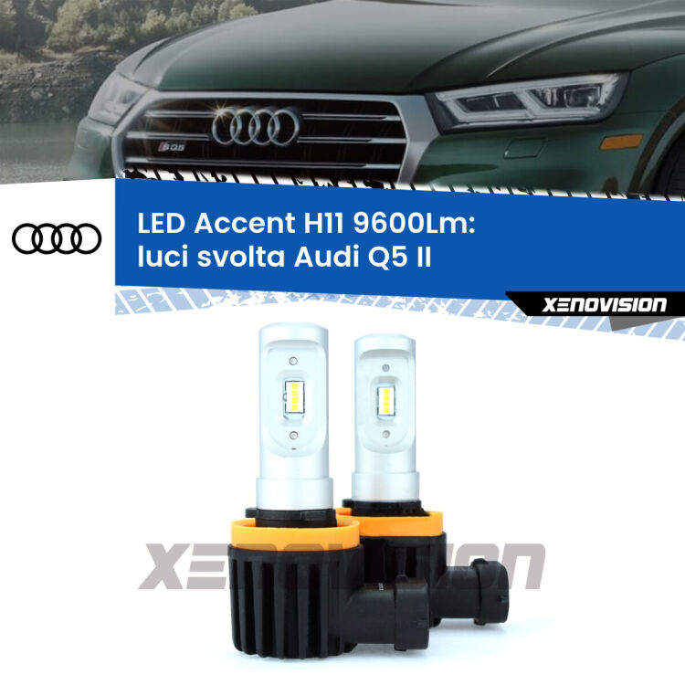 FINE SERIE: NO GARANZIA <strong>Kit LED Luci svolta per Audi Q5</strong> II 2018 in poi.</strong> Coppia lampade <strong>H11</strong> senza ventola e ultracompatte per installazioni in fari senza spazi.