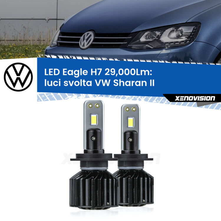 <strong>Kit luci svolta LED specifico per VW Sharan</strong> II 2010 - 2019. Lampade <strong>H7</strong> Canbus da 29.000Lumen di luminosità modello Eagle Xenovision.