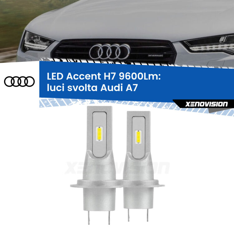 <strong>Kit LED Luci svolta per Audi A7</strong>  2010 - 2018.</strong> Coppia lampade <strong>H7</strong> senza ventola e ultracompatte per installazioni in fari senza spazi.