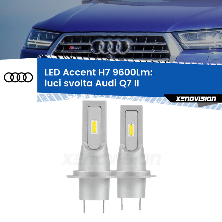 <strong>Kit LED Luci svolta per Audi Q7</strong> II 2015 in poi.</strong> Coppia lampade <strong>H7</strong> senza ventola e ultracompatte per installazioni in fari senza spazi.