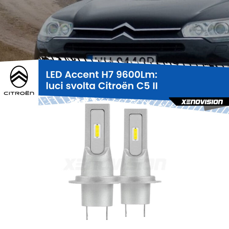 <strong>Kit LED Luci svolta per Citroën C5</strong> II 2008 - 2014.</strong> Coppia lampade <strong>H7</strong> senza ventola e ultracompatte per installazioni in fari senza spazi.