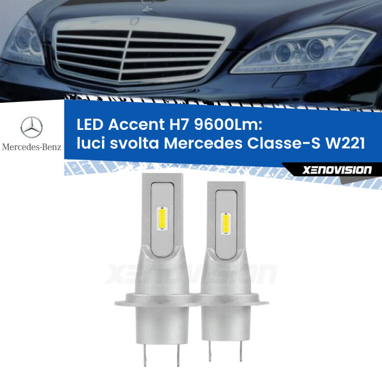 <strong>Kit LED Luci svolta per Mercedes Classe-S</strong> W221 2005 - 2013.</strong> Coppia lampade <strong>H7</strong> senza ventola e ultracompatte per installazioni in fari senza spazi.