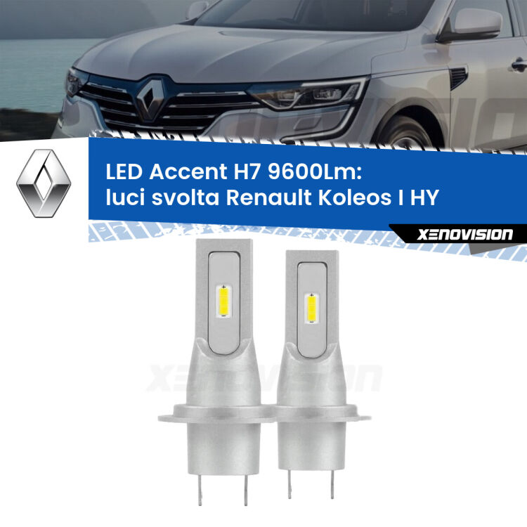 <strong>Kit LED Luci svolta per Renault Koleos I</strong> HY 2006 - 2015.</strong> Coppia lampade <strong>H7</strong> senza ventola e ultracompatte per installazioni in fari senza spazi.