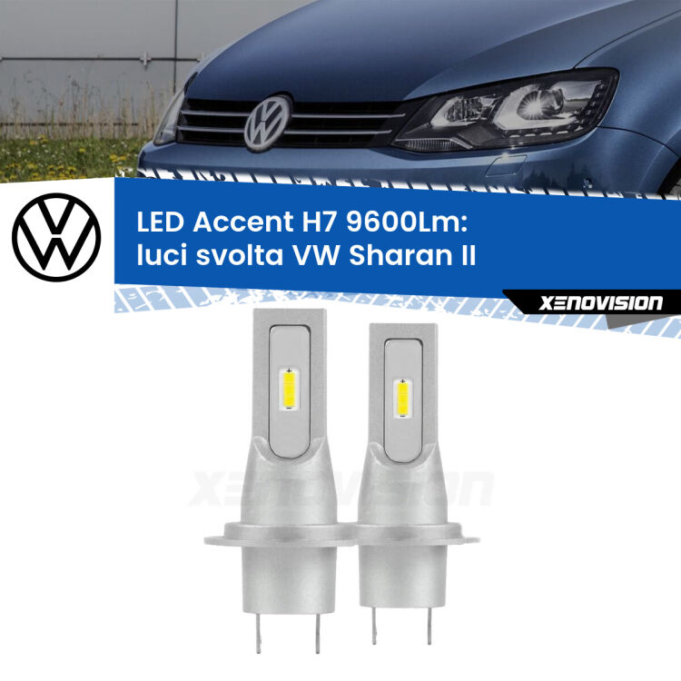 <strong>Kit LED Luci svolta per VW Sharan</strong> II 2010 - 2019.</strong> Coppia lampade <strong>H7</strong> senza ventola e ultracompatte per installazioni in fari senza spazi.