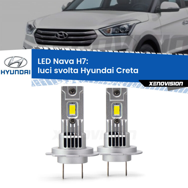 <strong>Luci svolta LED no-spie per Hyundai Creta</strong>  2019 in poi. Coppia lampade <strong>H7</strong> modello Nava canbus, raffreddate a ventola.