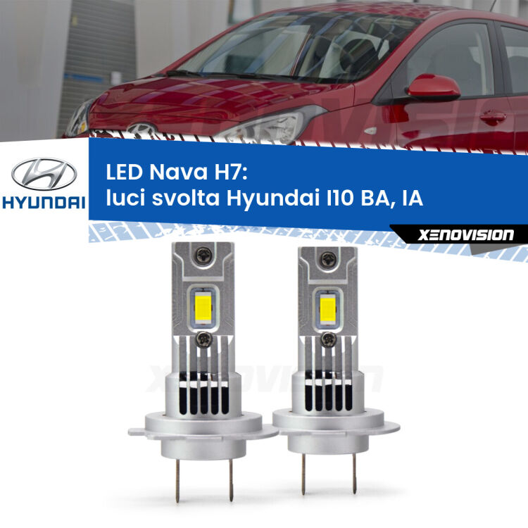 <strong>Luci svolta LED no-spie per Hyundai I10</strong> BA, IA con luci svolta. Coppia lampade <strong>H7</strong> modello Nava canbus, raffreddate a ventola.