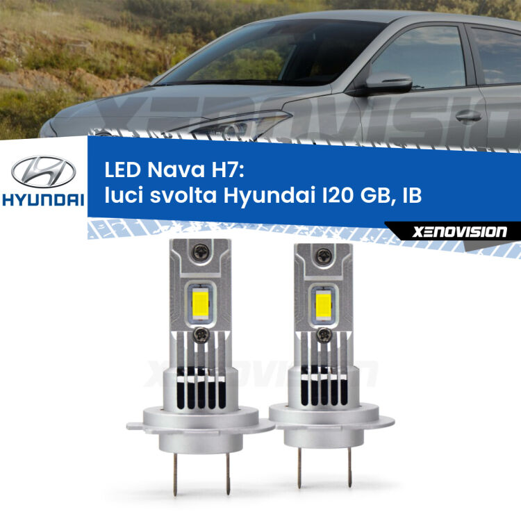 <strong>Luci svolta LED no-spie per Hyundai I20</strong> GB, IB 2014 in poi. Coppia lampade <strong>H7</strong> modello Nava canbus, raffreddate a ventola.