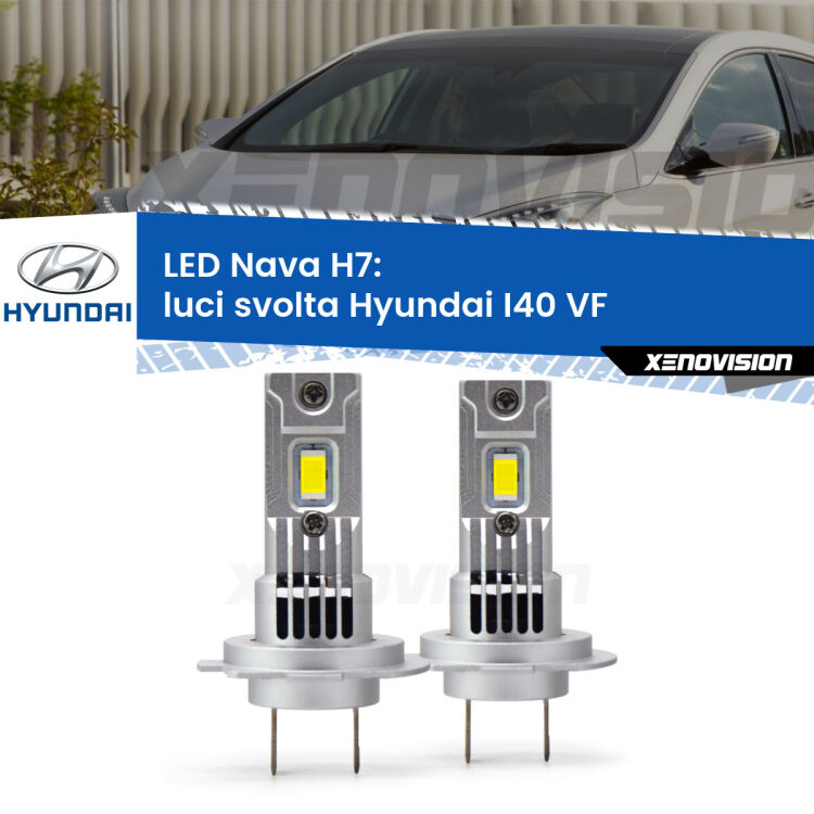 <strong>Luci svolta LED no-spie per Hyundai I40</strong> VF 2012 in poi. Coppia lampade <strong>H7</strong> modello Nava canbus, raffreddate a ventola.