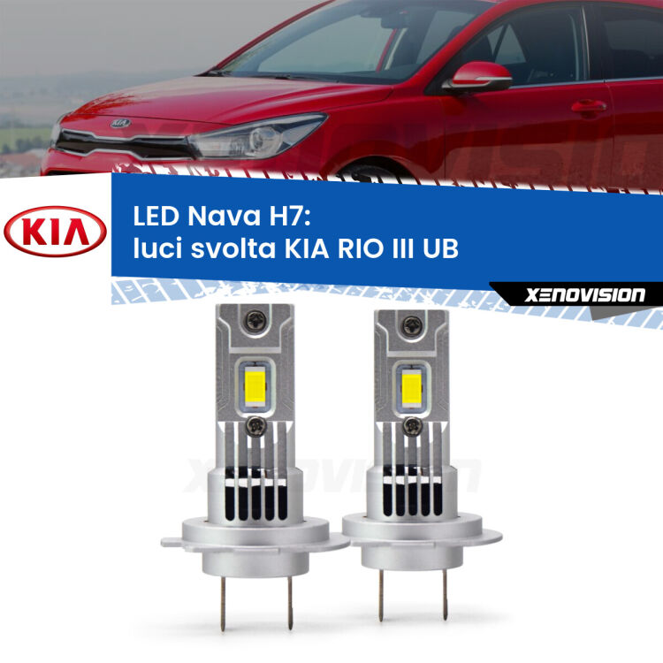 <strong>Luci svolta LED no-spie per KIA RIO III</strong> UB 2011 - 2016. Coppia lampade <strong>H7</strong> modello Nava canbus, raffreddate a ventola.