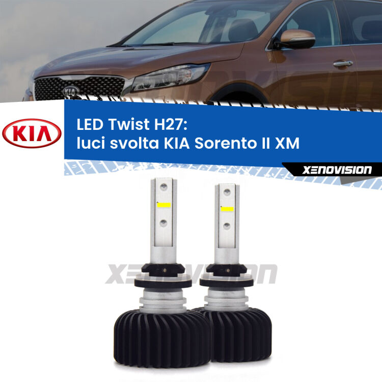 <strong>Kit luci svolta LED</strong> H27 per <strong>KIA Sorento II</strong> XM 2009 - 2014. Compatte, impermeabili, senza ventola: praticamente indistruttibili. Top Quality.