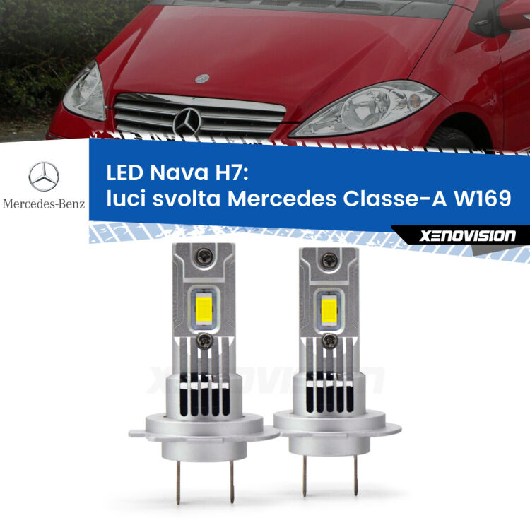 <strong>Luci svolta LED no-spie per Mercedes Classe-A</strong> W169 2004 - 2012. Coppia lampade <strong>H7</strong> modello Nava canbus, raffreddate a ventola.