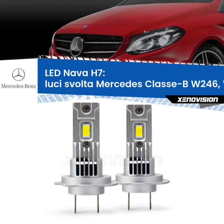 <strong>Luci svolta LED no-spie per Mercedes Classe-B</strong> W246, W242 2011 - 2018. Coppia lampade <strong>H7</strong> modello Nava canbus, raffreddate a ventola.