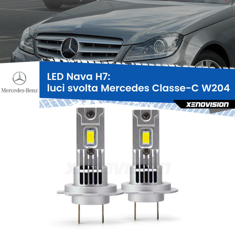 <strong>Luci svolta LED no-spie per Mercedes Classe-C</strong> W204 2011 - 2014. Coppia lampade <strong>H7</strong> modello Nava canbus, raffreddate a ventola.