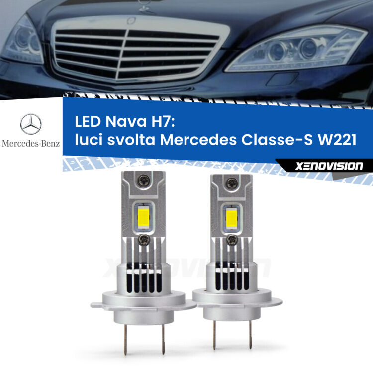 <strong>Luci svolta LED no-spie per Mercedes Classe-S</strong> W221 2005 - 2013. Coppia lampade <strong>H7</strong> modello Nava canbus, raffreddate a ventola.