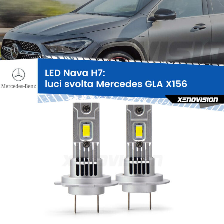 <strong>Luci svolta LED no-spie per Mercedes GLA</strong> X156 2013 in poi. Coppia lampade <strong>H7</strong> modello Nava canbus, raffreddate a ventola.