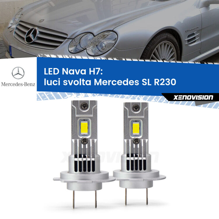 <strong>Luci svolta LED no-spie per Mercedes SL</strong> R230 2001 - 2012. Coppia lampade <strong>H7</strong> modello Nava canbus, raffreddate a ventola.