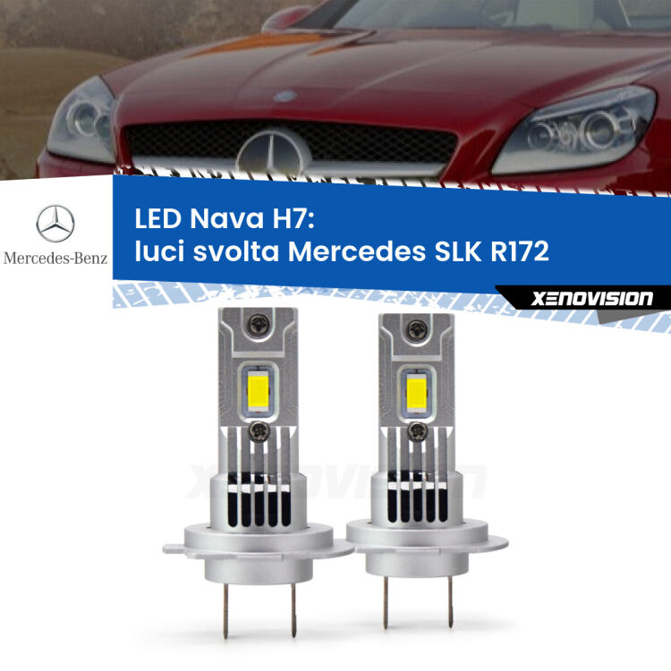 <strong>Luci svolta LED no-spie per Mercedes SLK</strong> R172 2011 in poi. Coppia lampade <strong>H7</strong> modello Nava canbus, raffreddate a ventola.