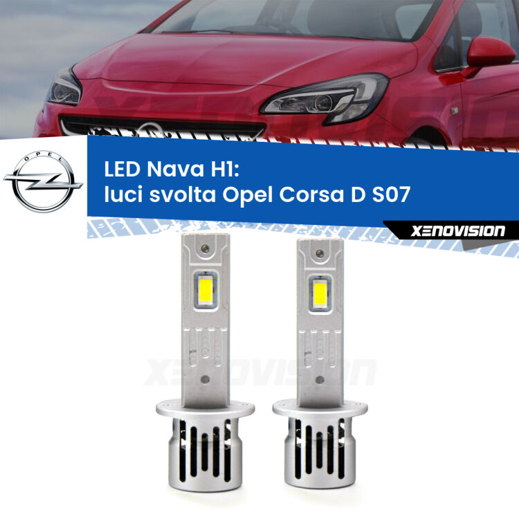 <strong>Luci svolta LED no-spie per Opel Corsa D</strong> S07 con luci svolta. Coppia lampade <strong> H1</strong> modello Nava canbus, raffreddate a ventola.