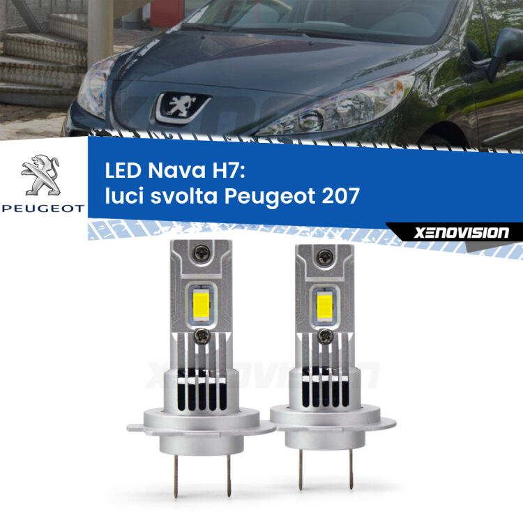 <strong>Luci svolta LED no-spie per Peugeot 207</strong>  con luci svolta. Coppia lampade <strong>H7</strong> modello Nava canbus, raffreddate a ventola.