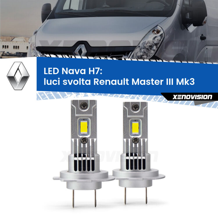 <strong>Luci svolta LED no-spie per Renault Master III</strong> Mk3 2010 in poi. Coppia lampade <strong>H7</strong> modello Nava canbus, raffreddate a ventola.