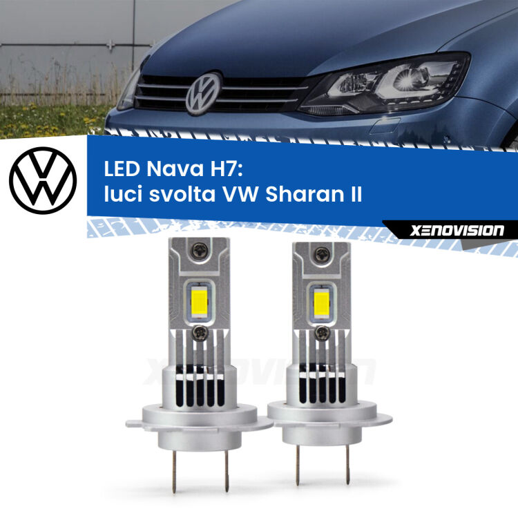 <strong>Luci svolta LED no-spie per VW Sharan</strong> II 2010 - 2019. Coppia lampade <strong>H7</strong> modello Nava canbus, raffreddate a ventola.