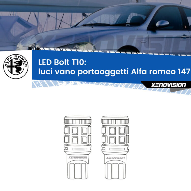 <strong>Luci Vano Portaoggetti LED per Alfa romeo 147</strong>  2000 - 2010. Coppia lampade <strong>T10</strong> modello Bolt canbus.