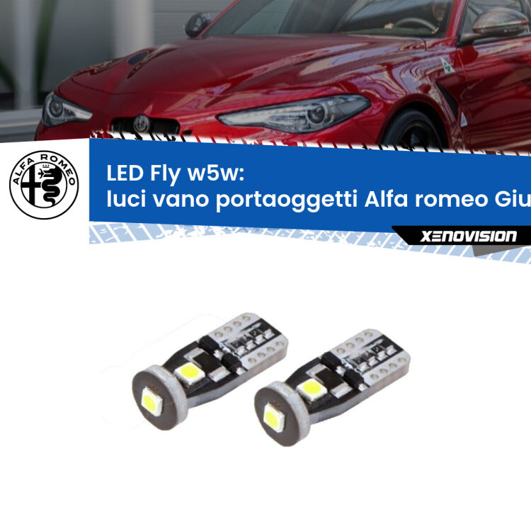 <strong>luci vano portaoggetti LED per Alfa romeo Giulia</strong>  2015 in poi. Coppia lampadine <strong>w5w</strong> Canbus compatte modello Fly Xenovision.