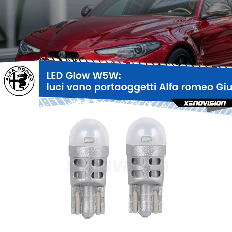 <strong>Luci Vano Portaoggetti LED luce calda per Alfa romeo Giulia</strong>  2015 in poi. Coppia lampade <strong>W5W</strong> modello Glow di Xenovision.