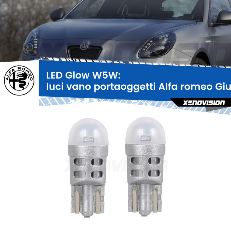 <strong>Luci Vano Portaoggetti LED luce calda per Alfa romeo Giulietta</strong>  2010 in poi. Coppia lampade <strong>W5W</strong> modello Glow di Xenovision.