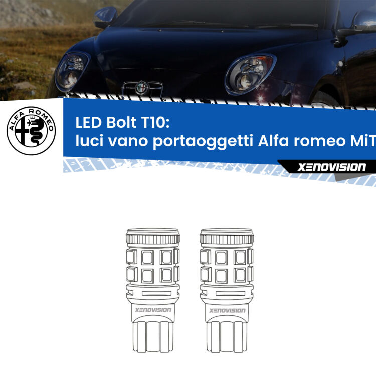 <strong>Luci Vano Portaoggetti LED per Alfa romeo MiTo</strong>  2008 - 2018. Coppia lampade <strong>T10</strong> modello Bolt canbus.